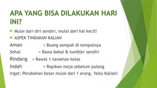 APA YANG BISA DILAKUKAN HARI
INI?
 Mulai dari diri sendiri, mulai dari hal kecil!
 ASPEK TINDAKAN KALIAN
Aman = Buang sampah di tempatnya
Sehat = Bawa bekal & tumbler sendiri
Rindang = Rawat 1 tanaman kelas
Indah = Rapikan meja sebelum pulang
Ingat: Perubahan besar mulai dari 1 orang. Yaitu Kalian!
 