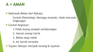 A = AMAN
 Madrasah Bebas dari Bahaya
Contoh Ekoteologi: Menjaga amanah, tidak merusak
lingkungan
 Contoh Kegiatan:
1.Tidak buang sampah sembarangan
2. Hemat energi listrik
3. Bebas asap rokok
4. Air bersih tersedia
 Tujuan: Belajar menjadi tenang & nyaman
 