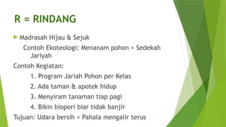 R = RINDANG
 Madrasah Hijau & Sejuk
Contoh Ekoteologi: Menanam pohon = Sedekah
Jariyah
Contoh Kegiatan:
1. Program Jariah Pohon per Kelas
2. Ada taman & apotek hidup
3. Menyiram tanaman tiap pagi
4. Bikin biopori biar tidak banjir
Tujuan: Udara bersih + Pahala mengalir terus
 