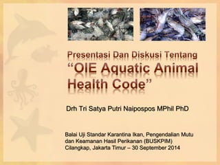 Drh Tri Satya Putri Naipospos MPhil PhD
Balai Uji Standar Karantina Ikan, Pengendalian Mutu
dan Keamanan Hasil Perikanan (BUSKPIM)
Cilangkap, Jakarta Timur – 30 September 2014
 