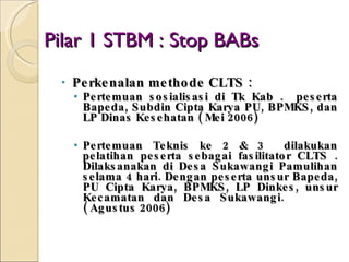 Pilar 1 STBM : Stop BABs Perkenalan methode CLTS : Pertemuan sosialisasi di Tk Kab .  peserta Bapeda, Subdin Cipta Karya PU, BPMKS, dan LP Dinas Kesehatan ( Mei 2006) Pertemuan Teknis ke 2 & 3  dilakukan pelatihan peserta sebagai fasilitator CLTS . Dilaksanakan di Desa Sukawangi Pamulihan selama 4 hari. Dengan peserta unsur Bapeda, PU Cipta Karya, BPMKS, LP Dinkes, unsur Kecamatan dan Desa Sukawangi.   ( Agustus 2006) 