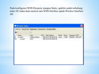 Pada konfigurasi WDS Dynamic ataupun Static, apabila sudah terhubung
antar AP, maka akan muncul satu WDS Interface apada Wireless Interface
tab.
 