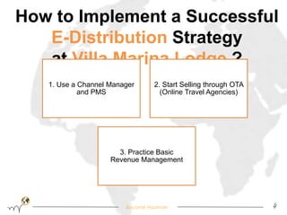 How to Implement a Successful 
E-Distribution Strategy 
at Villa Marina Lodge ? 
1. Use a Channel Manager 
Become Hopinoer 4 
and PMS 
2. Start Selling through OTA 
(Online Travel Agencies) 
3. Practice Basic 
Revenue Management 
 