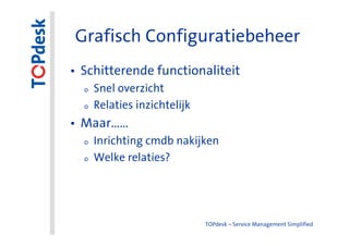 Grafisch Configuratiebeheer
• Schitterende functionaliteit
  o   Snel overzicht
  o   Relaties inzichtelijk
• Maar……
  o   Inrichting cmdb nakijken
  o   Welke relaties?




                              TOPdesk – Service Management Simplified
 