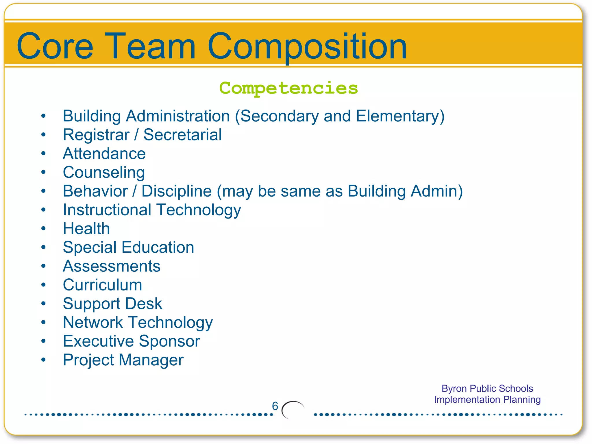 Core Team Composition Building Administration (Secondary and Elementary)  Registrar / Secretarial  Attendance  Counseling  Behavior / Discipline (may be same as Building Admin)  Instructional Technology  Health Special Education Assessments  Curriculum Support Desk  Network Technology  Executive Sponsor  Project Manager Competencies 