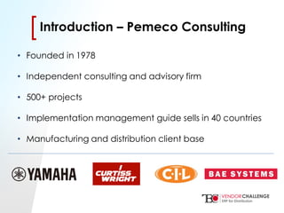 Click to edit Master title style
• Click to edit Master text styles
– Second level
• Third level
– Fourth level
» Fifth level
[[Introduction – Pemeco Consulting
• Founded in 1978
• Independent consulting and advisory firm
• 500+ projects
• Implementation management guide sells in 40 countries
• Manufacturing and distribution client base
 