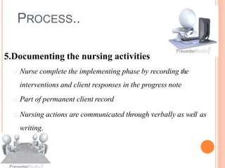 PROCESS..
5.Documenting the nursing activities
Nurse complete the implementing phase by recording the
interventions and client responses in the progress note
Part of permanent client record
Nursing actions are communicated through verbally as well as
writing.
 