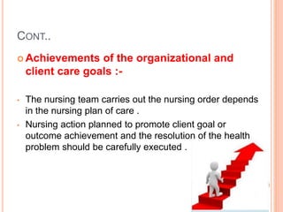 CONT..
 Achievements of the organizational and
client care goals :-
• The nursing team carries out the nursing order depends
in the nursing plan of care .
• Nursing action planned to promote client goal or
outcome achievement and the resolution of the health
problem should be carefully executed .
 