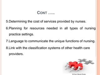 CONT …..
5.Determining the cost of services provided by nurses.
6.Planning for resources needed in all types of nursing
practice settings.
7.Language to communicate the unique functions of nursing.
8.Link with the classification systems of other health care
providers.
 