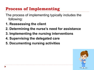 Process of Implementing
The process of implementing typically includes the
following:
1. Reassessing the client
2. Determining the nurse’s need for assistance
3. Implementing the nursing interventions
4. Supervising the delegated care
5. Documenting nursing activities
 