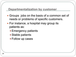 Departmentalization by customer
24
 Groups jobs on the basis of a common set of
needs or problems of specific customers.
 For instance, a hospital may group its
patients as:
 Emergency patients
 Stable patients
 Follow up cases
 