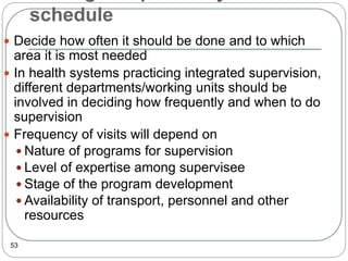 schedule
53
 Decide how often it should be done and to which
area it is most needed
 In health systems practicing integrated supervision,
different departments/working units should be
involved in deciding how frequently and when to do
supervision
 Frequency of visits will depend on
 Nature of programs for supervision
 Level of expertise among supervisee
 Stage of the program development
 Availability of transport, personnel and other
resources
 
