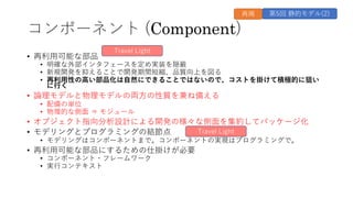 コンポーネント (Component)
• 再利⽤可能な部品
• 明確な外部インタフェースを定め実装を隠蔽
• 新規開発を抑えることで開発期間短縮、品質向上を図る
• 再利⽤性の⾼い部品化は⾃然にできることではないので、コストを掛けて積極的に狙い
に⾏く
• 論理モデルと物理モデルの両⽅の性質を兼ね備える
• 配備の単位
• 物理的な側⾯ ⇒ モジュール
• オブジェクト指向分析設計による開発の様々な側⾯を集約してパッケージ化
• モデリングとプログラミングの結節点
• モデリングはコンポーネントまで。コンポーネントの実現はプログラミングで。
• 再利⽤可能な部品にするための仕掛けが必要
• コンポーネント・フレームワーク
• 実⾏コンテキスト
Travel Light
Travel Light
第5回 静的モデル(2)
再掲
 