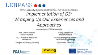 WP 3: Capacity Building and Pilot Year Full Implementation
Implementation of DS:
Wrapping Up Our Experiences and
Approaches
Prof. Dr Karl Wilbers
Yvonne Schalek
FAU – Friedrich-Alexander-
Universität
Erlangen-Nürnberg, Germany
Georg Seppmann
Elena Gladkova
Evaluationsagentur Baden-
Württemberg (evalag)
Mannheim, Germany
Implementation of DS Wrapping Up
 