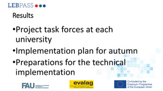 Results
•Project task forces at each
university
•Implementation plan for autumn
•Preparations for the technical
implementa...