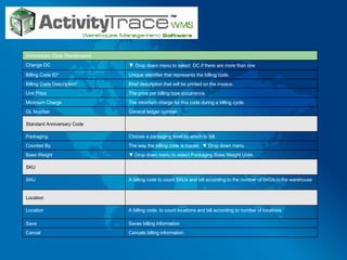 Cancels billing information Cancel  Saves billing information Save A billing code, to count locations and bill according to number of locations Location Location A billing code to count SKUs and bill according to the number of SKUs in the warehouse SKU SKU ▼  Drop down menu to select Packaging Base Weight Units Base Weight The way the billing code is traced.  ▼ Drop down menu Counted By Choose a packaging level by which to bill. Packaging Standard Anniversary Code General ledger number. GL Number The minimum charge for this code during a billing cycle. Minimum Charge The price per billing type occurrence. Unit Price Brief description that will be printed on the invoice. Billing Code Description* Unique identifier that represents the billing code. Billing Code ID* ▼  Drop down menu to select  DC if there are more than one Change DC Anniversary Code Maintenance 
