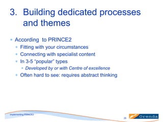 3. Building dedicated processes
and themes
According to PRINCE2
Fitting with your circumstances
Connecting with specialist content
In 3-5 “popular” types
Developed by or with Centre of excellence

Often hard to see: requires abstract thinking

implementing PRINCE2
26

 