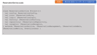 &hellip;
class ReservationService @Inject()(
val config: ReservationConfig,
val rule: IReservationRule,
val logic: IReservationLogic,
val factory: IReservationFactory,
val repository: IReservationRepository,
val receptor: IReservationReceptor,
) extends IReservationService, IReservationManagement, IReservationAdmin,
IReservationMetrix, EventListener {
&hellip;
ReservationService.scala
再掲 第22回 設計/コンポーネント設計(3)
 
