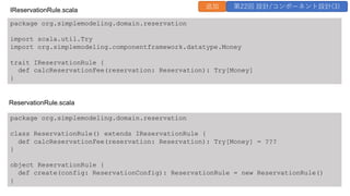 package org.simplemodeling.domain.reservation
import scala.util.Try
import org.simplemodeling.componentframework.datatype.Money
trait IReservationRule {
def calcReservationFee(reservation: Reservation): Try[Money]
}
IReservationRule.scala
追加 第22回 設計/コンポーネント設計(3)
package org.simplemodeling.domain.reservation
class ReservationRule() extends IReservationRule {
def calcReservationFee(reservation: Reservation): Try[Money] = ???
}
object ReservationRule {
def create(config: ReservationConfig): ReservationRule = new ReservationRule()
}
ReservationRule.scala
 