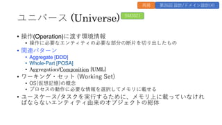 ユニバース (Universe)
&bull; 操作(Operation)に渡す環境情報
&bull; 操作に必要なエンティティの必要な部分の断⽚を切り出したもの
&bull; 関連パターン
&bull; Aggregate [DDD]
&bull; Whole-Part [POSA]
&bull; Aggregation/Composition [UML]
&bull; ワーキング・セット (Working Set)
&bull; OS(仮想記憶)の概念
&bull; プロセスの動作に必要な情報を選択してメモリに載せる
&bull; ユースケース/タスクを実⾏するために、メモリ上に載っていなけれ
ばならないエンティティ由来のオブジェクトの総体
SM2021
再掲 第26回 設計/ドメイン設計(4)
 