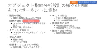 オブジェクト指向分析設計の様々の側⾯
をコンポーネントに集約
&bull; 機能の単位
&bull; 機能を凝集(coherent)して実現
&bull; 開発の単位
&bull; コンポーネント単位で開発の管理を
⾏う
&bull; 開発⼯程、担当者など
&bull; モデリングの単位
&bull; コンポーネントの実現はプログラミ
ングで
&bull; 運⽤の単位
&bull; 配備の単位
&bull; バージョン管理
&bull; 仕様書・マニュアルの単位
&bull; 外部仕様、マニュアルの作成
&bull; テストの単位
&bull; テスト仕様の作成単位
&bull; テストの進捗管理の単位
&bull; 障害調査の単位
&bull; 障害発⽣箇所の特定
&bull; 障害調査マニュアルの作成
&bull; 販売・課⾦の単位
&bull; 再利⽤可能な商品
Scaling
再掲 第5回 静的モデル(2)
 