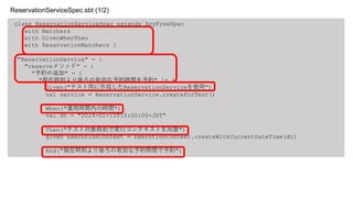 class ReservationServiceSpec extends AnyFreeSpec
with Matchers
with GivenWhenThen
with ReservationMatchers {
"ReservationService" - {
"reserveメソッド" - {
"予約の追加" - {
"現在時刻より後ろの有効な予約時間を予約" in {
Given("テスト⽤に作成したReservationServiceを使⽤")
val service = ReservationService.createForTest()
When("運⽤時間内の時間")
val dt = "2024-01-15T10:00:00+JST"
Then("テスト対象時刻で実⾏コンテキストを⽤意")
given ExecutionContext = ExecutionContext.createWithCurrentDateTime(dt)
And("現在時刻より後ろの有効な予約時間で予約")
ReservationServiceSpec.sbt (1/2)
 