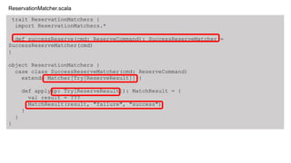 trait ReservationMatchers {
import ReservationMatchers.*
def successReserve(cmd: ReserveCommand): SuccessReserveMatcher =
SuccessReserveMatcher(cmd)
}
object ReservationMatchers {
case class SuccessReserveMatcher(cmd: ReserveCommand)
extends Matcher[Try[ReserveResult]] {
def apply(p: Try[ReserveResult]): MatchResult = {
val result = ???
MatchResult(result, "failure", "success")
}
}
}
ReservationMatcher.scala
 