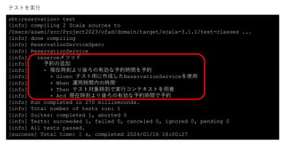 sbt:reservation> test
[info] compiling 2 Scala sources to
/Users/asami/src/Project2023/ofad/domain/target/scala-3.1.1/test-classes ...
[info] done compiling
[info] ReservationServiceSpec:
[info] ReservationService
[info] reserveメソッド
[info] 予約の追加
[info] - 現在時刻より後ろの有効な予約時間を予約
[info] + Given テスト⽤に作成したReservationServiceを使⽤
[info] + When 運⽤時間内の時間
[info] + Then テスト対象時刻で実⾏コンテキストを⽤意
[info] + And 現在時刻より後ろの有効な予約時間で予約
[info] Run completed in 270 milliseconds.
[info] Total number of tests run: 1
[info] Suites: completed 1, aborted 0
[info] Tests: succeeded 1, failed 0, canceled 0, ignored 0, pending 0
[info] All tests passed.
[success] Total time: 1 s, completed 2024/01/16 16:00:27
テストを実⾏
 