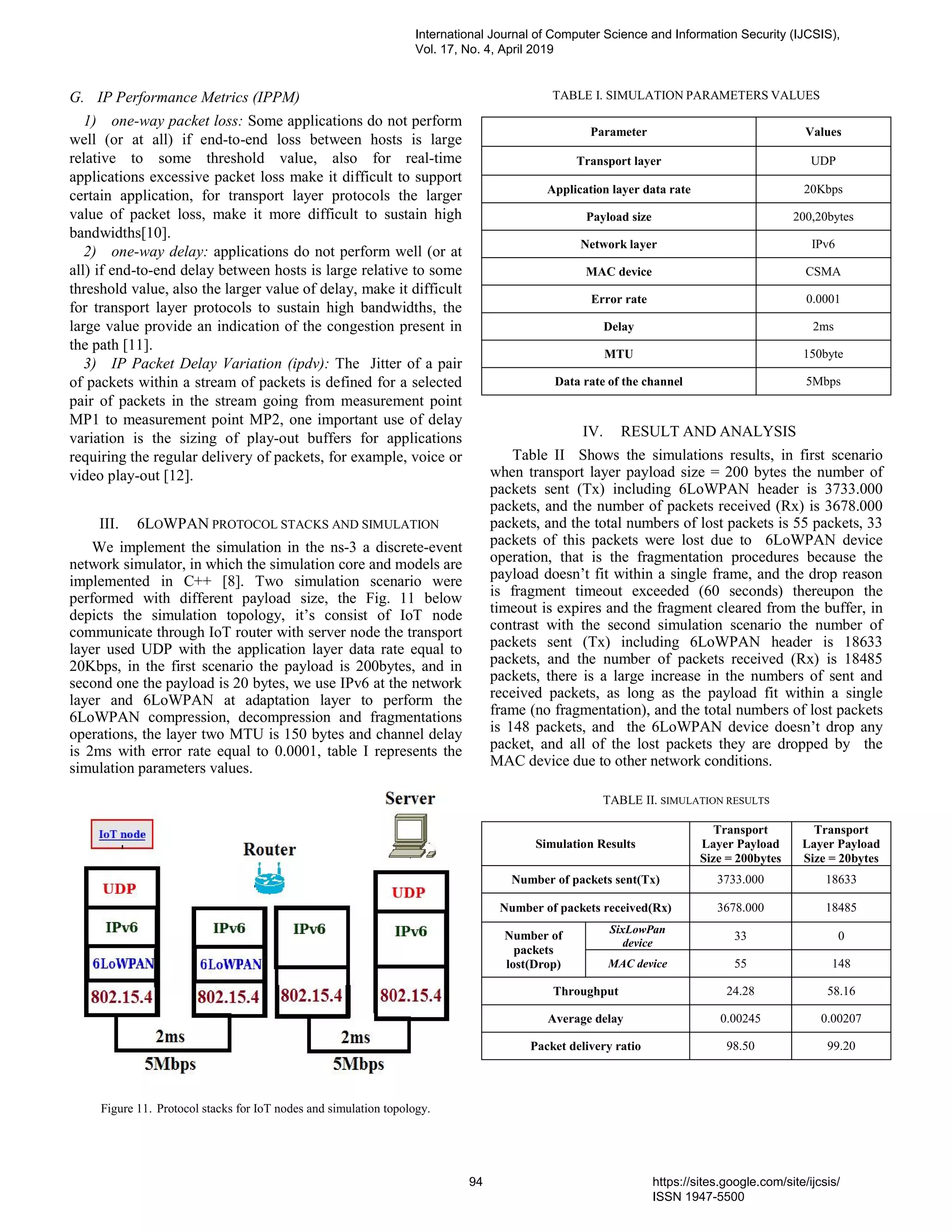 G. IP Performance Metrics (IPPM)
1) one-way packet loss: Some applications do not perform
well (or at all) if end-to-end loss between hosts is large
relative to some threshold value, also for real-time
applications excessive packet loss make it difficult to support
certain application, for transport layer protocols the larger
value of packet loss, make it more difficult to sustain high
bandwidths[10].
2) one-way delay: applications do not perform well (or at
all) if end-to-end delay between hosts is large relative to some
threshold value, also the larger value of delay, make it difficult
for transport layer protocols to sustain high bandwidths, the
large value provide an indication of the congestion present in
the path [11].
3) IP Packet Delay Variation (ipdv): The Jitter of a pair
of packets within a stream of packets is defined for a selected
pair of packets in the stream going from measurement point
MP1 to measurement point MP2, one important use of delay
variation is the sizing of play-out buffers for applications
requiring the regular delivery of packets, for example, voice or
video play-out [12].
III. 6LOWPAN PROTOCOL STACKS AND SIMULATION
We implement the simulation in the ns-3 a discrete-event
network simulator, in which the simulation core and models are
implemented in C++ [8]. Two simulation scenario were
performed with different payload size, the Fig. 11 below
depicts the simulation topology, it’s consist of IoT node
communicate through IoT router with server node the transport
layer used UDP with the application layer data rate equal to
20Kbps, in the first scenario the payload is 200bytes, and in
second one the payload is 20 bytes, we use IPv6 at the network
layer and 6LoWPAN at adaptation layer to perform the
6LoWPAN compression, decompression and fragmentations
operations, the layer two MTU is 150 bytes and channel delay
is 2ms with error rate equal to 0.0001, table I represents the
simulation parameters values.
Figure 11. Protocol stacks for IoT nodes and simulation topology.
TABLE I. SIMULATION PARAMETERS VALUES
Parameter Values
Transport layer UDP
Application layer data rate 20Kbps
Payload size 200,20bytes
Network layer IPv6
MAC device CSMA
Error rate 0.0001
Delay 2ms
MTU 150byte
Data rate of the channel 5Mbps
IV. RESULT AND ANALYSIS
Table II Shows the simulations results, in first scenario
when transport layer payload size = 200 bytes the number of
packets sent (Tx) including 6LoWPAN header is 3733.000
packets, and the number of packets received (Rx) is 3678.000
packets, and the total numbers of lost packets is 55 packets, 33
packets of this packets were lost due to 6LoWPAN device
operation, that is the fragmentation procedures because the
payload doesn’t fit within a single frame, and the drop reason
is fragment timeout exceeded (60 seconds) thereupon the
timeout is expires and the fragment cleared from the buffer, in
contrast with the second simulation scenario the number of
packets sent (Tx) including 6LoWPAN header is 18633
packets, and the number of packets received (Rx) is 18485
packets, there is a large increase in the numbers of sent and
received packets, as long as the payload fit within a single
frame (no fragmentation), and the total numbers of lost packets
is 148 packets, and the 6LoWPAN device doesn’t drop any
packet, and all of the lost packets they are dropped by the
MAC device due to other network conditions.
TABLE II. SIMULATION RESULTS
Simulation Results
Transport
Layer Payload
Size = 200bytes
Transport
Layer Payload
Size = 20bytes
Number of packets sent(Tx) 3733.000 18633
Number of packets received(Rx) 3678.000 18485
Number of
packets
lost(Drop)
SixLowPan
device
33 0
MAC device 55 148
Throughput 24.28 58.16
Average delay 0.00245 0.00207
Packet delivery ratio 98.50 99.20
International Journal of Computer Science and Information Security (IJCSIS),
Vol. 17, No. 4, April 2019
94 https://sites.google.com/site/ijcsis/
ISSN 1947-5500
 