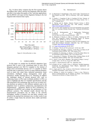 Fig. 16 shows delay variation also the first scenario shows
the highest jitter values, and the lost fragments effect the jitter,
and also it can reduce the quality of the real-time applications,
the 6LoWPAN will reject all the fragments belong to the lost
fragment after timeout timer expire.
Figure 16. SixLowPan jitter vs. time.
V. CONCLUSION
In this paper we studied the 6LoWPAN adaptation layer
protocol that is used in the constrained links to carry IPv6
datagram payload over 802.15.4 standard in the internet of
things (IoT) environment devices, IoT it’s consider as future
networks that is expected to involve in many different domains,
such as smart city, smart farm, industrial automation, home
automation, intelligent energy management, smart grids,
automotive, health, learning and so on. Therefore we address
the challenges ahead of internet protocol (IP), such as
addressing issues in IPv4 and overheads problem in IPv6, as
well as highlight the 802.15.4 standard specifications and the
fifth generation (5G) technology that can be use to realize IoT,
also perform an analysis to the different methods used in the
adaptation layer to perform compression, decompression and
fragmentations operations. Based on NS-3 simulations, we
implement 6LoWPAN and evaluate the performance of two
different scenarios. The obtained results showed that the
fragmentations procedures has an effect in the network
throughput, number of packets loss and delay variation, and
whenever the payload has minimum size, in other words it can
fit within a single frame the network shows stable and better
performance.
VI. REFERENCES
[1] G. Montenegro, N. Kushalnagar, J. Hui, and D. Culler, “Transmission of
IPv6 Packets over IEEE 802.15.4 Networks”, RFC 4944, September
2007.
[2] A. Zanella, L. Vangelista, N. Bui, A. Castellani, M. Zorzi, “Internet of
Things for Smart Cities”, IEEE Internet Of Things Journal, Vol. 1,
No. 1, February 2014.
[3] S. Deering and R. Hinden, “Internet Protocol Version 6 (IPv6)
Specification”, RFC 2460, IETF Dec. 1998. [Online]. Available:
https://www.ietf.org/rfc/rfc2460.txt.
[4] 802.15.4-2011 IEEE Standard for Local and metropolitan area networks
Part 15.4: Low-Rate Wireless Personal Area Networks (LR-WPANs),
2011.
[5] G. Lu, B. Krishnamachari, C. S. Raghavendra, “Performance
Evaluation of IEEE 802.15.4 MAC
for Low Rate Low Power Wireless networks”, 2004.
[6] K. Mohamed, S. Hussein, A. Abdi, A. El Seddiq, “Studying the TCP
Flow and Congestion Control Mechanisms Impact on Internet
Environment”, IJCSIS, Vol. 16, No. 11, November 2018.
[7] J. Hui and P. Thubert, “Compression format for IPv6 datagrams over
IEEE 802.15.4-Based Networks”, RFC6282, Sep. 2011. [Online].
Available: http://tools.ietf.org/html/rfc6282.
[8] ns-3, http://www.nsnam.org, Jan 08, 2019.
[9] G. Mulligan, “The 6LowP AN architecture”, ACM, June 2007.
[10] S. Kalidindi, M. Zekauskas, A. Morton, “A One-Way Loss Metric for IP
Performance Metrics (IPPM),” RFC 7680, January 2016.
[11] S. Kalidindi, M. Zekauskas, A. Morton, “A One-Way Delay Metric for
IP Performance Metrics (IPPM),” RFC 7679, January 2016.
[12] C. Demichelis, P. Chimento, “IP Packet Delay Variation Metric for IP
Performance Metrics (IPPM),” RFC 3393, November 2002.
[13] L. Atzori, A. Iera, and G. Morabito, “The internet of things: A survey,”
Comput. Netw., vol. 54, no. 15, pp. 2787–2805, 2010.
[14] Postel, J., "Internet Protocol", RFC 791, September 1981.
[15] S.Ziegler, M. rita, L. Ladid, S. Krco, A. Skarmeta, “Scalable Integration
Framework for Heterogeneous Smart Objects, Applications and
Serices”, River Publishers, 2014.
[16] A. Gupta and R. K. Jha, “A Survey of 5G Network: Architecture and
Emerging Technologies,” IEEE Access, 2015.
[17] L. Militano, G. Araniti, M. Condoluci, I. Farris, A. Iera, “Device-to-
Device Communications for 5G Internet of Things”, EAI Endorsed
Transactions on Internet of Things, October 2015.
International Journal of Computer Science and Information Security (IJCSIS),
Vol. 17, No. 4, April 2019
96 https://sites.google.com/site/ijcsis/
ISSN 1947-5500
 