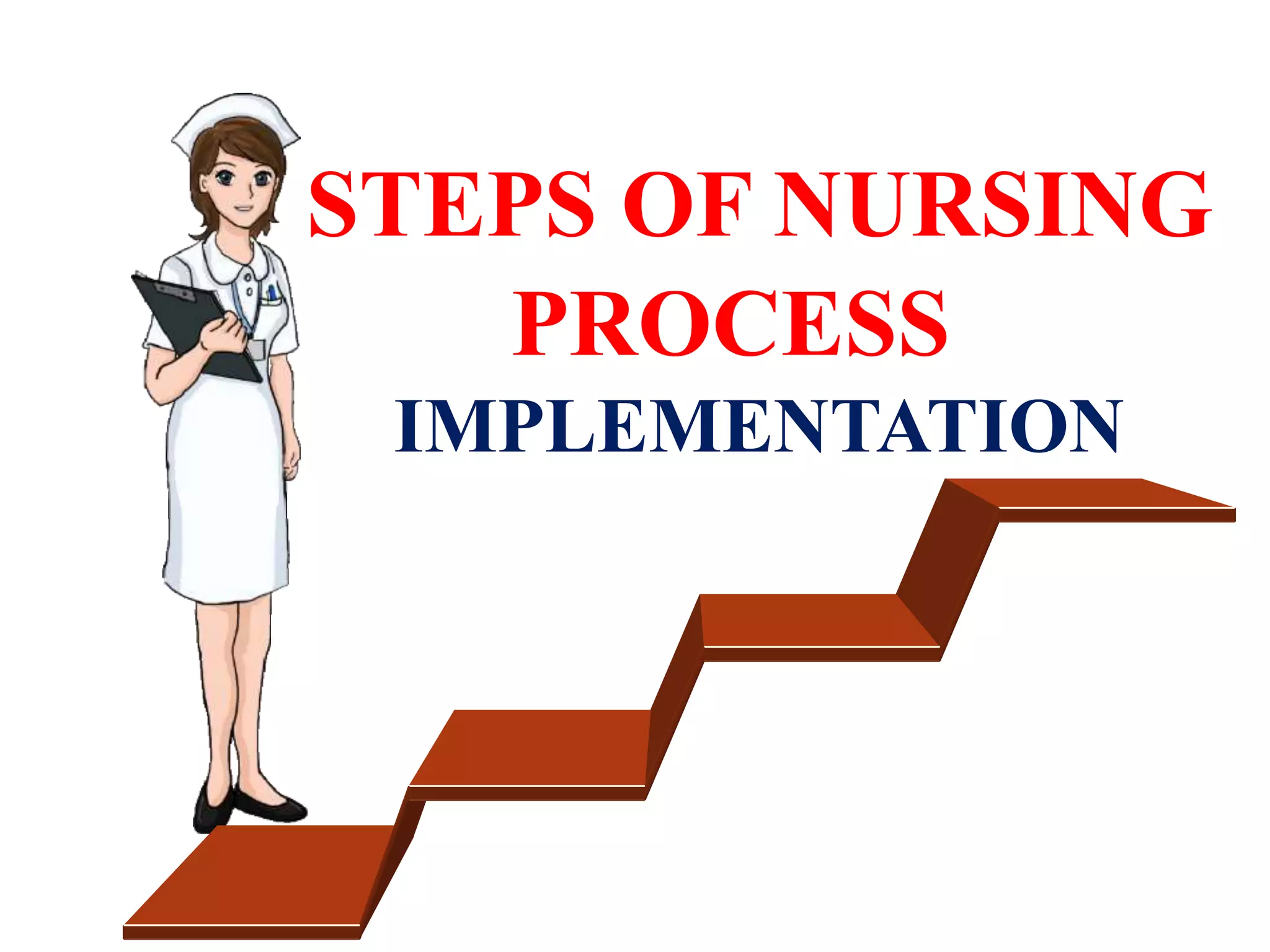 IMPLEMENTATION
STEPS OF NURSING
PROCESS
 
