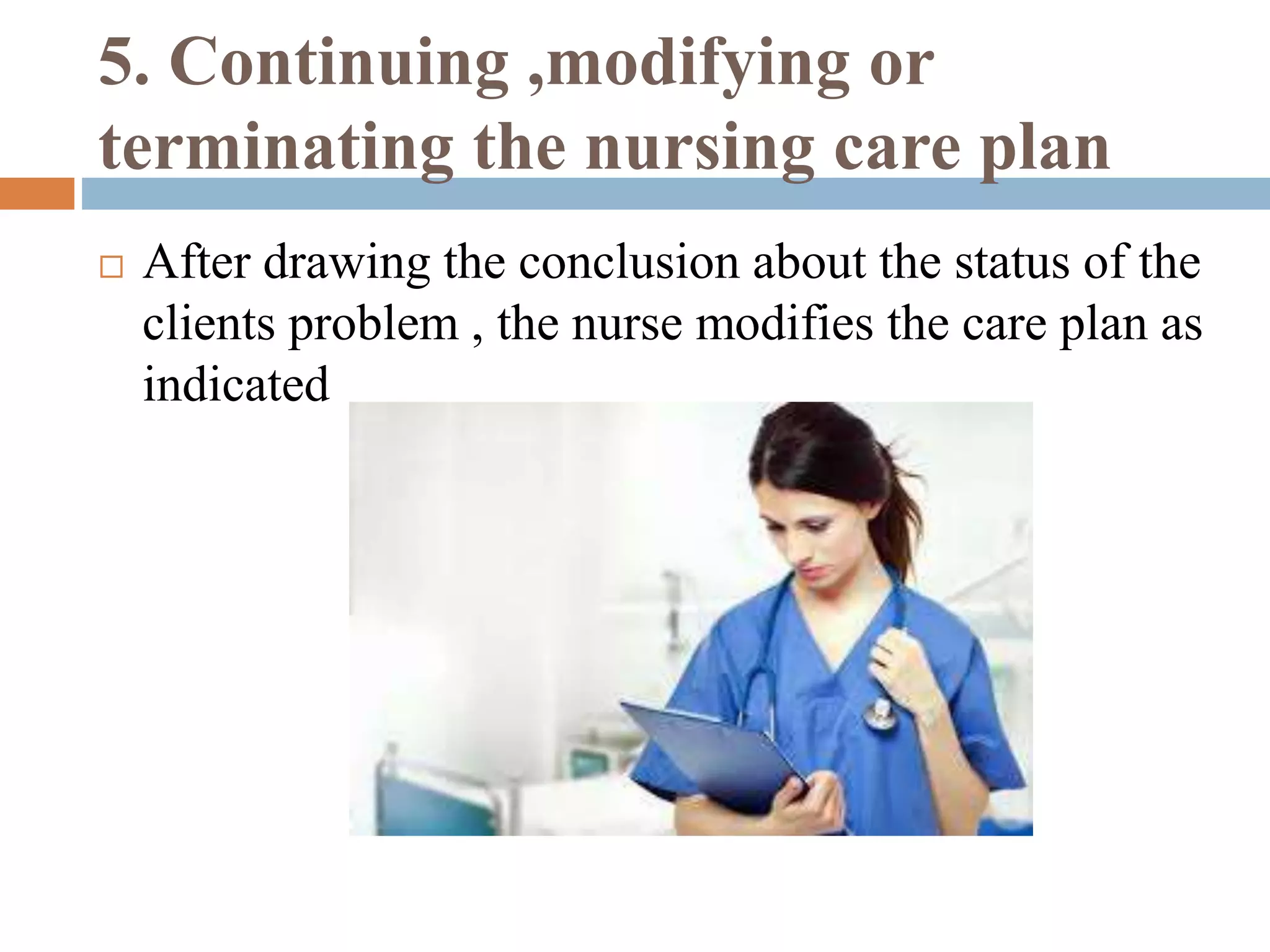 5. Continuing ,modifying or
terminating the nursing care plan
 After drawing the conclusion about the status of the
clients problem , the nurse modifies the care plan as
indicated
 
