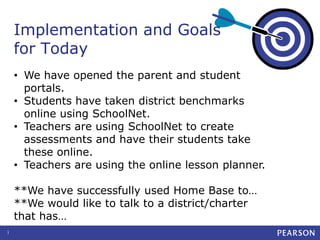 Implementation and Goals
for Today
• We have opened the parent and student
portals.
• Students have taken district benchmarks
online using SchoolNet.
• Teachers are using SchoolNet to create
assessments and have their students take
these online.
• Teachers are using the online lesson planner.

**We have successfully used Home Base to…
**We would like to talk to a district/charter
that has…
1

 