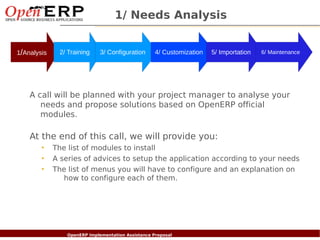 1/ Needs Analysis


1/Analysis       2/ Training       3/ Configuration       4/ Customization   5/ Importation   6/ Maintenance




    A call will be planned with your project manager to analyse your
       needs and propose solutions based on OpenERP official
       modules.

    At the end of this call, we will provide you:
          •   The list of modules to install
          •   A series of advices to setup the application according to your needs
          •   The list of menus you will have to configure and an explanation on
                 how to configure each of them.




  Nom du fichier – à compléter
                        OpenERP Implementation Assistance Proposal
 