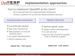 Implementation approaches

✔
     How to implement OpenERP at the client?
          •   Do it yourself with our Implementation Assistance
          •   Contact a partner for on-site full implementation services


    Implementation Assistance                                              Partner Services

    √ out-of-the-box solution                                      √ ideal for specific needs
    √ low costs (fixed price)                                      √ allows custom developments
    √ fast (between 15 and 30                                      √ on site services
         working days)                                             -   pay per day of service (usually
    -   no custom developments                                          'time & material' project)
    -   official modules only



          Ideal for <10 users                                               Ideal for >10 users



Nom du fichier – à compléter
                      OpenERP Implementation Assistance Proposal
 