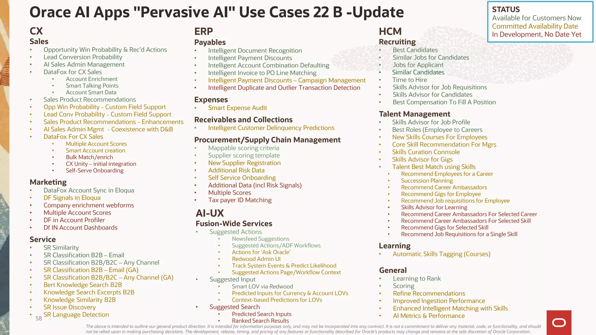 Orace AI Apps "Pervasive AI" Use Cases 22 B -Update
The above is intended to outline our general product direction. It is intended for information purposes only, and may not be incorporated into any contract. It is not a commitment to deliver any material, code, or functionality, and should
not be relied upon in making purchasing decisions. The development, release, timing, and pricing of any features or functionality described for Oracle’s products may change and remains at the sole discretion of Oracle Corporation.
ERP
Payables
• Intelligent Document Recognition
• Intelligent Payment Discounts
• Intelligent Account Combination Defaulting
• Intelligent Invoice to PO Line Matching
• Intelligent Payment Discounts – Campaign Management
• Intelligent Duplicate and Outlier Transaction Detection
Expenses
• Smart Expense Audit
Receivables and Collections
• Intelligent Customer Delinquency Predictions
Procurement/Supply Chain Management
• Mappable scoring criteria
• Supplier scoring template
• New Supplier Registration
• Additional Risk Data
• Self Service Onboarding
• Additional Data (incl Risk Signals)
• Multiple Scores
• Tax payer ID Matching
HCM
Recruiting
• Best Candidates
• Similar Jobs for Candidates
• Jobs for Applicant
• Similar Candidates
• Time to Hire
• Skills Advisor for Job Requisitions
• Skills Advisor for Candidates
• Best Compensation To Fill A Position
Talent Management
• Skills Advisor for Job Profile
• Best Roles (Employee to Careers
• New Skills Courses For Employees
• Core Skill Recommendation For Mgrs
• Skills Curation Connsole
• Skills Advisor for Gigs
• Talent Best Match using Skills
• Recommend Employees for a Career
• Succession Planning
• Recommend Career Ambassadors
• Recommend Gigs for Employee
• Recommend Job requisitions for Employee
• Skills Advisor for Learning
• Recommend Career Ambassadors For Selected Career
• Recommend Career Ambassadors For Selected Skill
• Recommend Gigs for Selected Skill
• Recommend Job Requisitions for a Single Skill
Learning
• Automatic Skills Tagging (Courses)
CX
Sales
• Opportunity Win Probability & Rec’d Actions
• Lead Conversion Probability
• AI Sales Admin Management
• DataFox for CX Sales
• Account Enrichment
• Smart Talking Points
• Account Smart Data
• Sales Product Recommendations
• Opp Win Probability - Custom Field Support
• Lead Conv Probability - Custom Field Support
• Sales Product Recommendations - Enhancements
• AI Sales Admin Mgmt - Coexistence with D&B
• DataFox For CX Sales
• Multiple Account Scores
• Smart Account creation
• Bulk Match/enrich
• CX Unity – initial integration
• Self-Serve Onboarding
Marketing
• DataFox Account Sync in Eloqua
• DF Signals in Eloqua
• Company enrichment webforms
• Multiple Account Scores
• DF in Account Profiler
• Df IN Account Dashboards
Service
• SR Similarity
• SR Classification B2B – Email
• SR Classification B2B/B2C – Any Channel
• SR Classification B2B – Email (GA)
• SR Classification B2B/B2C – Any Channel (GA)
• Bert Knowledge Search B2B
• Knowledge Search Excerpts B2B
• Knowledge Similarity B2B
• SR Issue Discovery
• SR Language Detection
STATUS
Available for Customers Now
Committed Availability Date
In Development, No Date Yet
AI-UX
Fusion-Wide Services
• Suggested Actions
• Newsfeed Suggestions
• Suggested Actions/ADF Workflows
• Actions for ‘Ask Oracle’
• Redwood Admin UI
• Track System Events & Predict Likelihood
• Suggested Actions Page/Workflow Context
• Suggested Input
• Smart LOV via Redwood
• Predicted Inputs for Currency & Account LOVs
• Context-based Predictions for LOVs
• Suggested Search
• Predicted Search Inputs
• Ranked Search Results
58
General
• Learning to Rank
• Scoring
• Refine Recommendations
• Improved Ingestion Performance
• Enhanced Intelligent Matching with Skills
• AI Metrics & Performance
 