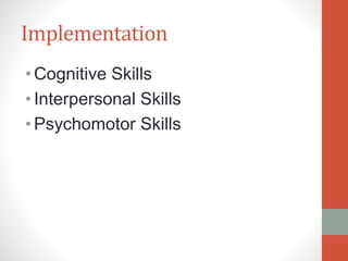 Implementation
•Cognitive Skills
•Interpersonal Skills
•Psychomotor Skills
 