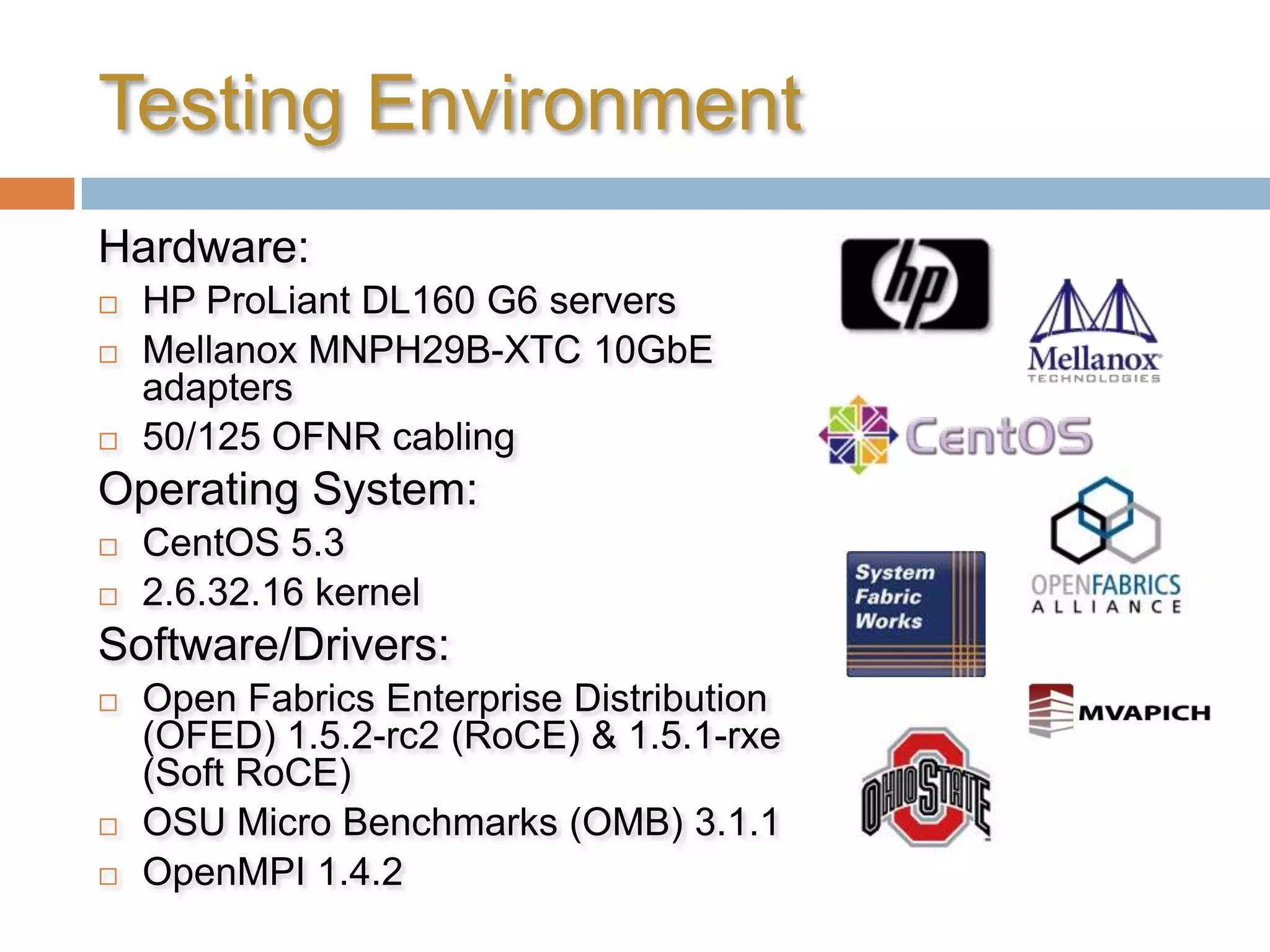 Testing EnvironmentHardware:HP ProLiant DL160 G6 serversMellanox MNPH29B-XTC 10GbE adapters50/125 OFNR cablingOperating System:CentOS 5.32.6.32.16 kernelSoftware/Drivers:Open Fabrics Enterprise Distribution (OFED) 1.5.2-rc2 (RoCE) & 1.5.1-rxe (Soft RoCE)OSU Micro Benchmarks (OMB) 3.1.1OpenMPI 1.4.2