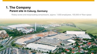 www.kaeser.com / Page 14
The Company
Parent site in Coburg, Germany
Rotary screw and reciprocating compressors, approx. 1,600 employees, 150,000 m² floor space
 