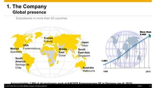 www.kaeser.com / Page 15
USA
FredericksburgMexico
Queretaro
South
America
Santiago de
Chile
Middle
East
Dubai
Japan
Tokyo
South
East Asia
Singapore
Australia
Melbourne
Europe
Coburg
The Company
Global presence
Subsidiaries in more than 50 countries
1996
1.881
2015
More than
5.000
Approximately 1,900 of all employees work at KAESER Kompressoren SE in Germany (as of 2015).
 