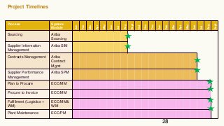 28
Project Timelines
Process System/
Module
Jan
Feb
Mar
Apr
May
Jun
Jul
Aug
Sept
Oct
Nov
Dec
Jan
Feb
Mar
Apr
May
Jun
Jul
Aug
Sept
Sourcing Ariba
Sourcing
Supplier Information
Management
Ariba SIM
Contracts Management Ariba
Contract
Mgmt
Supplier Performance
Management
Ariba SPM
Plan to Procure ECC/MM
Procure to Invoice ECC/MM
Fulfillment (Logistics +
WM)
ECC/MM&
WM
Plant Maintenance ECC/PM
 