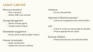Lesson Learned
Resource constraint
- Plan in advance
- Identify SME to be involved
Change Management
- Identify Change agents
- Change impact analysis
Stakeholder engagement
- Ensure areas impacted (legal, finance)
Process formalization
- Scope locked down
- Update the manual of authority
Interfaces
- Do not underestimate
Alignment of Business sponsors
- Continuous engagement and communication
UAT
- Critical to involve as many people as possible
- Prepare appropriate test scripts
Business Advisory
- Review all processes and optimize/simplify
 