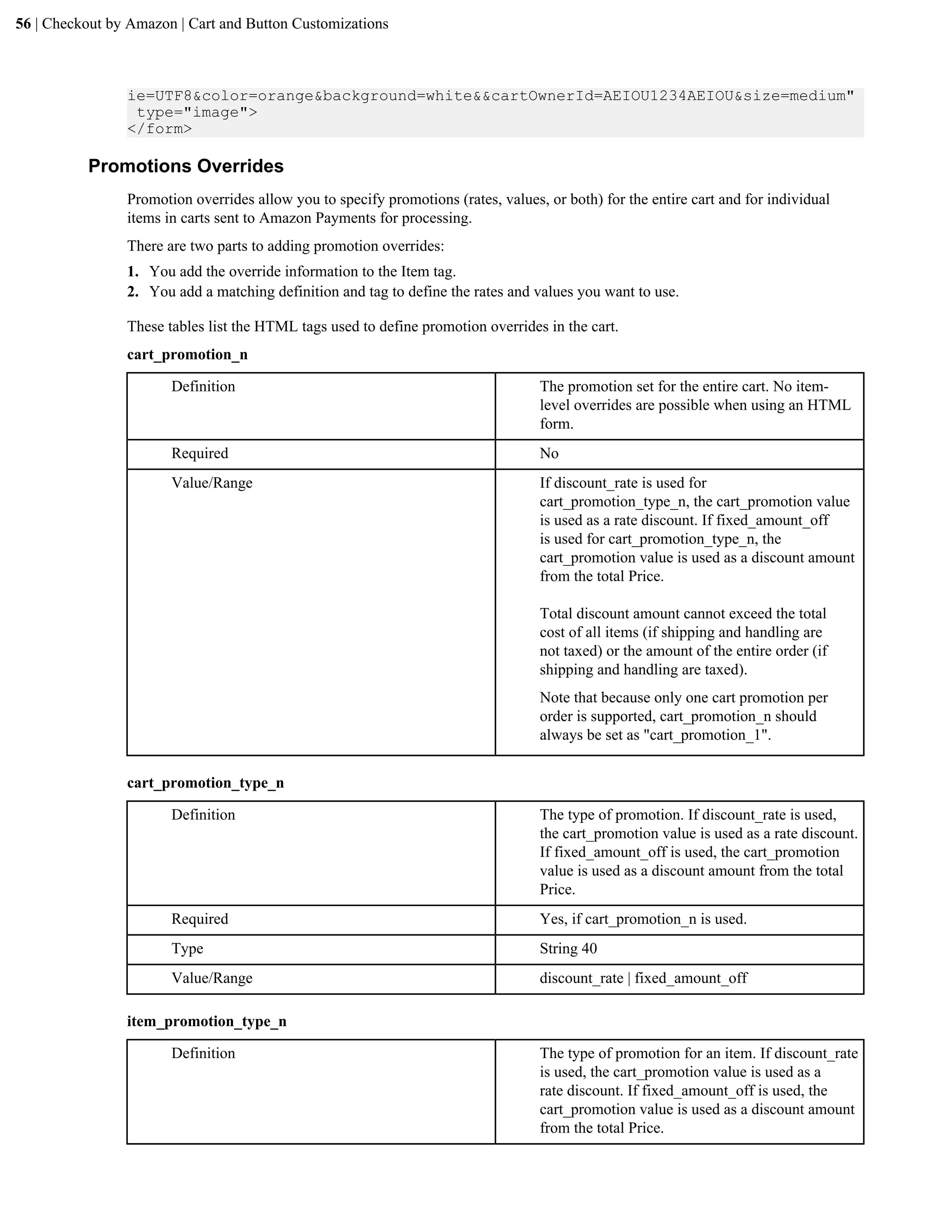 56 | Checkout by Amazon | Cart and Button Customizations



                ie=UTF8&color=orange&background=white&&cartOwnerId=AEIOU1234AEIOU&size=medium"
                 type="image">
                </form>

          Promotions Overrides
                Promotion overrides allow you to specify promotions (rates, values, or both) for the entire cart and for individual
                items in carts sent to Amazon Payments for processing.
                There are two parts to adding promotion overrides:
                1. You add the override information to the Item tag.
                2. You add a matching definition and tag to define the rates and values you want to use.

                These tables list the HTML tags used to define promotion overrides in the cart.
                cart_promotion_n

                       Definition                                                  The promotion set for the entire cart. No item-
                                                                                   level overrides are possible when using an HTML
                                                                                   form.
                       Required                                                    No
                       Value/Range                                                 If discount_rate is used for
                                                                                   cart_promotion_type_n, the cart_promotion value
                                                                                   is used as a rate discount. If fixed_amount_off
                                                                                   is used for cart_promotion_type_n, the
                                                                                   cart_promotion value is used as a discount amount
                                                                                   from the total Price.

                                                                                   Total discount amount cannot exceed the total
                                                                                   cost of all items (if shipping and handling are
                                                                                   not taxed) or the amount of the entire order (if
                                                                                   shipping and handling are taxed).
                                                                                   Note that because only one cart promotion per
                                                                                   order is supported, cart_promotion_n should
                                                                                   always be set as "cart_promotion_1".


                cart_promotion_type_n

                       Definition                                                  The type of promotion. If discount_rate is used,
                                                                                   the cart_promotion value is used as a rate discount.
                                                                                   If fixed_amount_off is used, the cart_promotion
                                                                                   value is used as a discount amount from the total
                                                                                   Price.
                       Required                                                    Yes, if cart_promotion_n is used.
                       Type                                                        String 40
                       Value/Range                                                 discount_rate | fixed_amount_off

                item_promotion_type_n

                       Definition                                                  The type of promotion for an item. If discount_rate
                                                                                   is used, the cart_promotion value is used as a
                                                                                   rate discount. If fixed_amount_off is used, the
                                                                                   cart_promotion value is used as a discount amount
                                                                                   from the total Price.
 