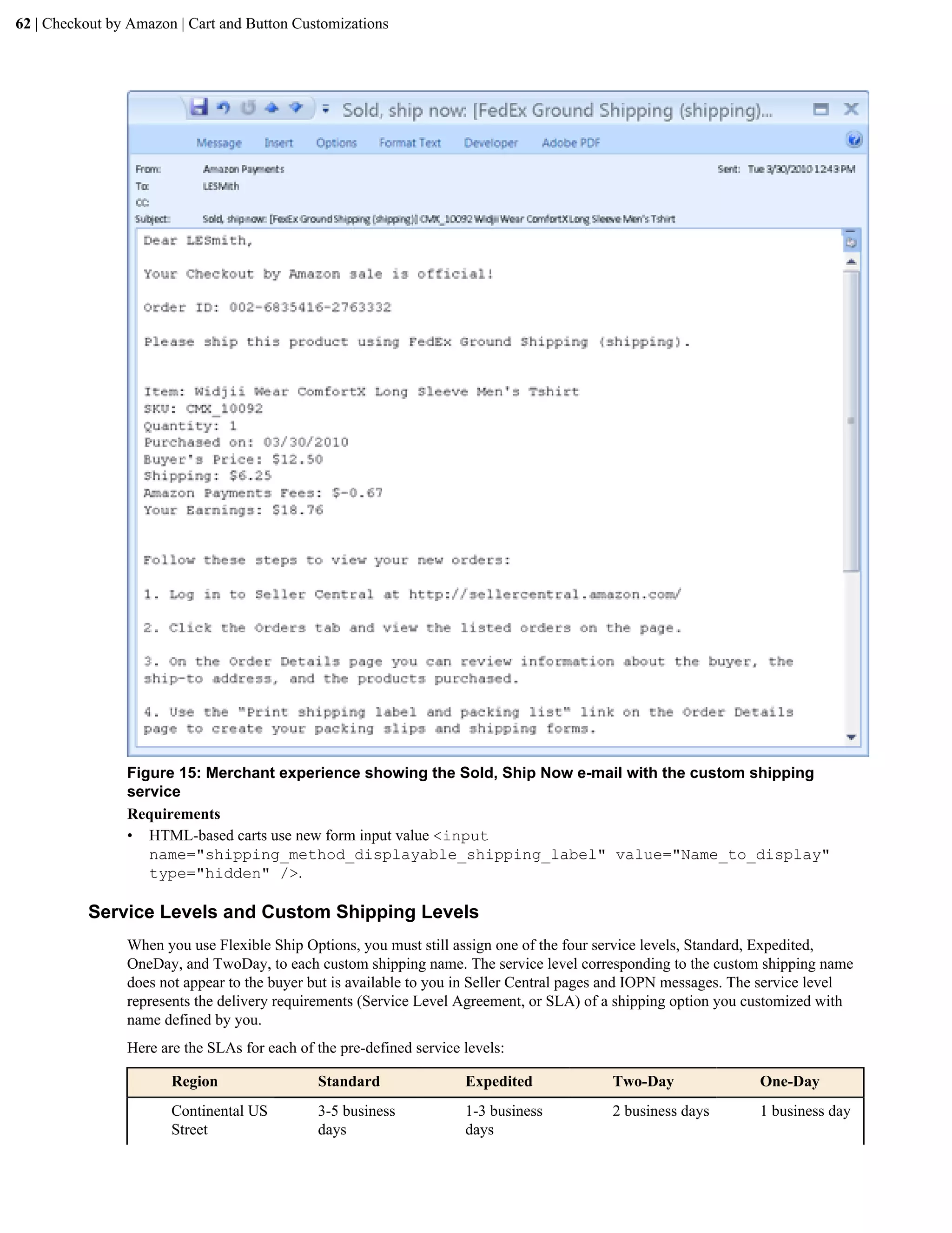 62 | Checkout by Amazon | Cart and Button Customizations




                Figure 15: Merchant experience showing the Sold, Ship Now e-mail with the custom shipping
                service
                Requirements
                &bull; HTML-based carts use new form input value <input
                   name="shipping_method_displayable_shipping_label" value="Name_to_display"
                   type="hidden" />.

          Service Levels and Custom Shipping Levels
                When you use Flexible Ship Options, you must still assign one of the four service levels, Standard, Expedited,
                OneDay, and TwoDay, to each custom shipping name. The service level corresponding to the custom shipping name
                does not appear to the buyer but is available to you in Seller Central pages and IOPN messages. The service level
                represents the delivery requirements (Service Level Agreement, or SLA) of a shipping option you customized with
                name defined by you.
                Here are the SLAs for each of the pre-defined service levels:

                       Region                 Standard                Expedited            Two-Day                One-Day
                       Continental US         3-5 business            1-3 business         2 business days        1 business day
                       Street                 days                    days
 