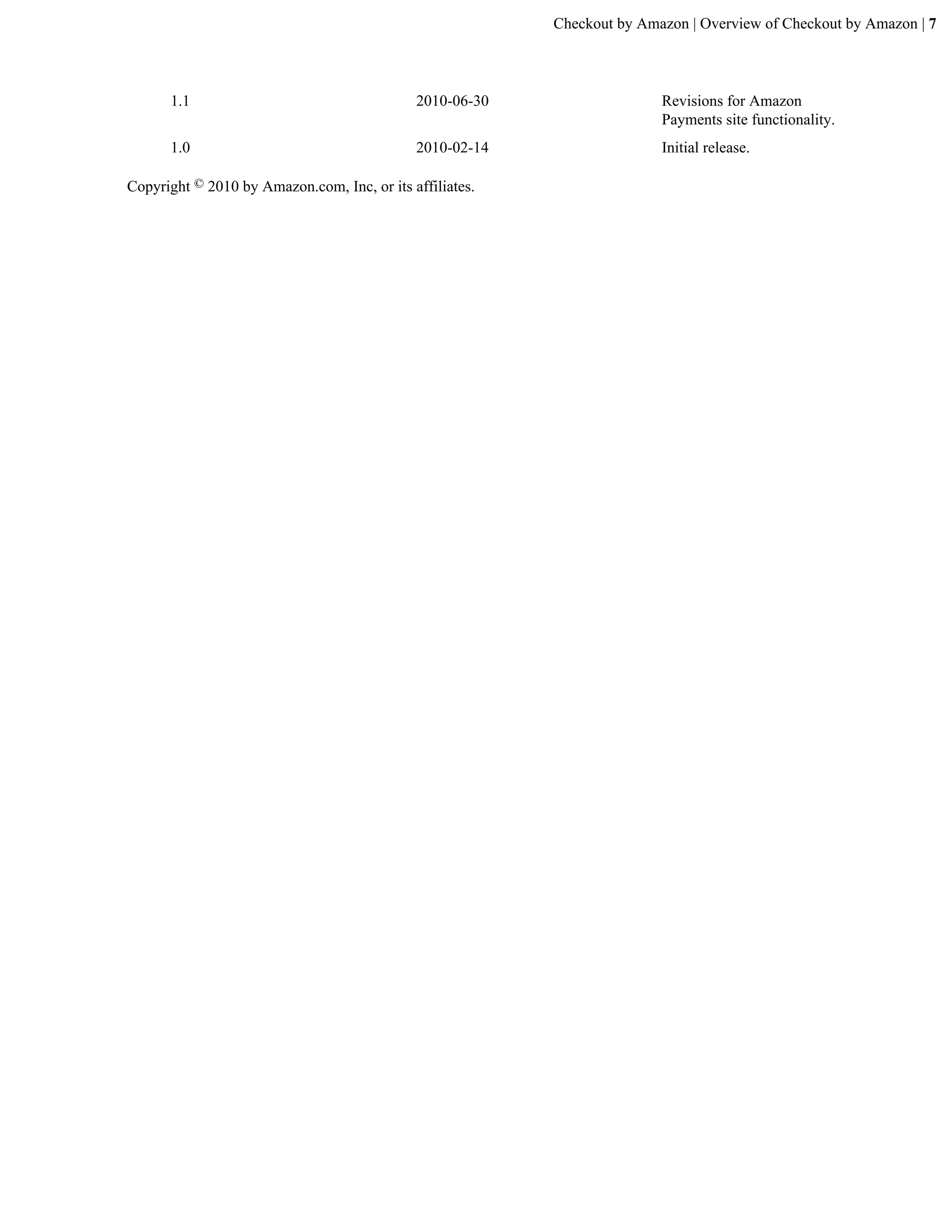 Checkout by Amazon | Overview of Checkout by Amazon | 7



      1.1                                    2010-06-30                  Revisions for Amazon
                                                                         Payments site functionality.
      1.0                                    2010-02-14                  Initial release.

Copyright &copy; 2010 by Amazon.com, Inc, or its affiliates.
 