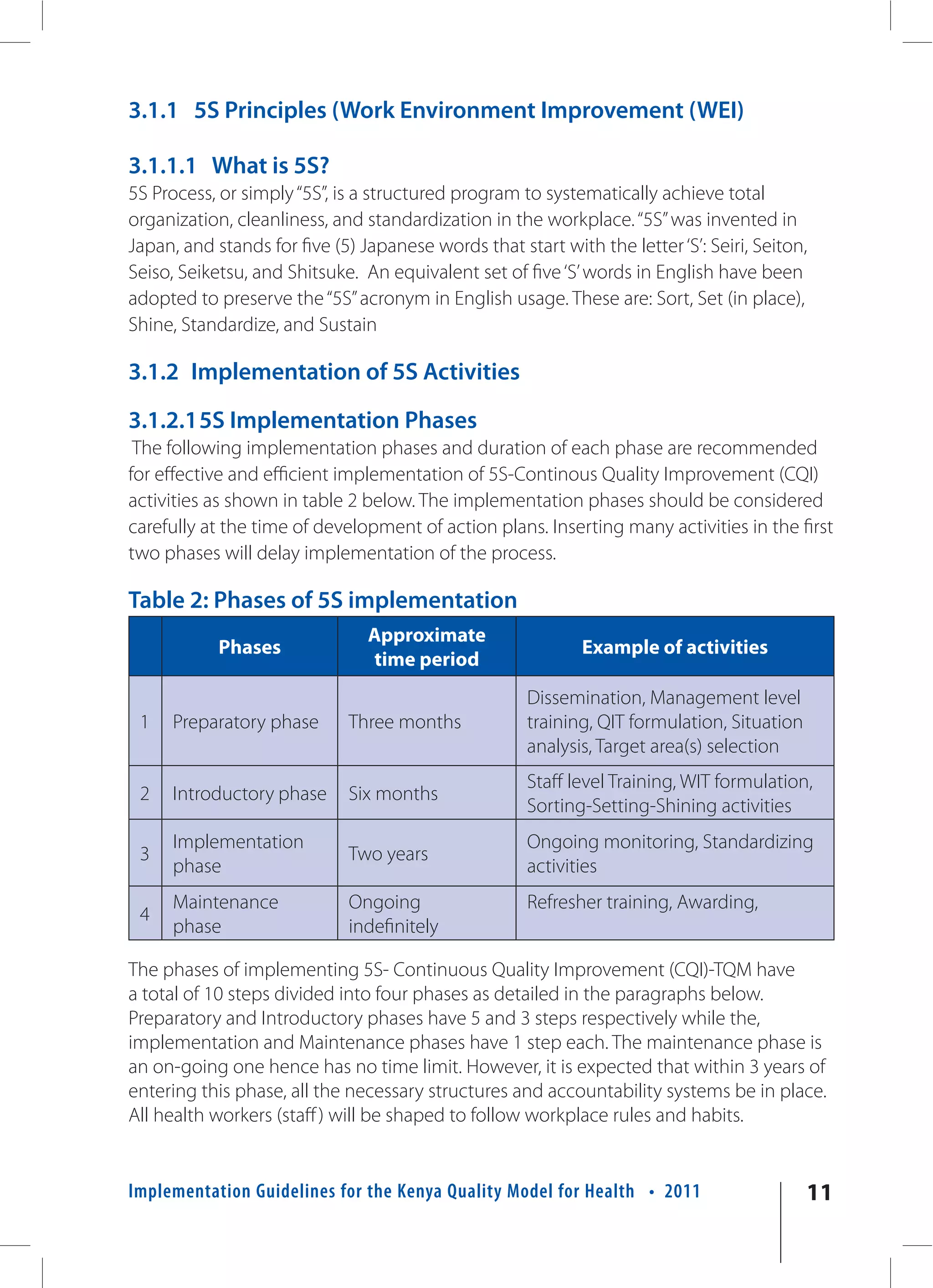 3.1.1 5S Principles (Work Environment Improvement (WEI)

3.1.1.1 What is 5S?
5S Process, or simply “5S”, is a structured program to systematically achieve total
organization, cleanliness, and standardization in the workplace. “5S” was invented in
Japan, and stands for five (5) Japanese words that start with the letter ‘S’: Seiri, Seiton,
Seiso, Seiketsu, and Shitsuke. An equivalent set of five ‘S’ words in English have been
adopted to preserve the “5S” acronym in English usage. These are: Sort, Set (in place),
Shine, Standardize, and Sustain

3.1.2 Implementation of 5S Activities

3.1.2.1 5S Implementation Phases
 The following implementation phases and duration of each phase are recommended
for effective and efficient implementation of 5S-Continous Quality Improvement (CQI)
activities as shown in table 2 below. The implementation phases should be considered
carefully at the time of development of action plans. Inserting many activities in the first
two phases will delay implementation of the process.

Table 2: Phases of 5S implementation
                                Approximate
            Phases                                           Example of activities
                                time period
                                                      Dissemination, Management level
 1    Preparatory phase      Three months             training, QIT formulation, Situation
                                                      analysis, Target area(s) selection
                                                      Staff level Training, WIT formulation,
 2    Introductory phase     Six months
                                                      Sorting-Setting-Shining activities
      Implementation                                  Ongoing monitoring, Standardizing
 3                           Two years
      phase                                           activities
      Maintenance            Ongoing                  Refresher training, Awarding,
 4
      phase                  indefinitely

The phases of implementing 5S- Continuous Quality Improvement (CQI)-TQM have
a total of 10 steps divided into four phases as detailed in the paragraphs below.
Preparatory and Introductory phases have 5 and 3 steps respectively while the,
implementation and Maintenance phases have 1 step each. The maintenance phase is
an on-going one hence has no time limit. However, it is expected that within 3 years of
entering this phase, all the necessary structures and accountability systems be in place.
All health workers (staff ) will be shaped to follow workplace rules and habits.


Implementation Guidelines for the Kenya Quality Model for Health • 2011                      11
 