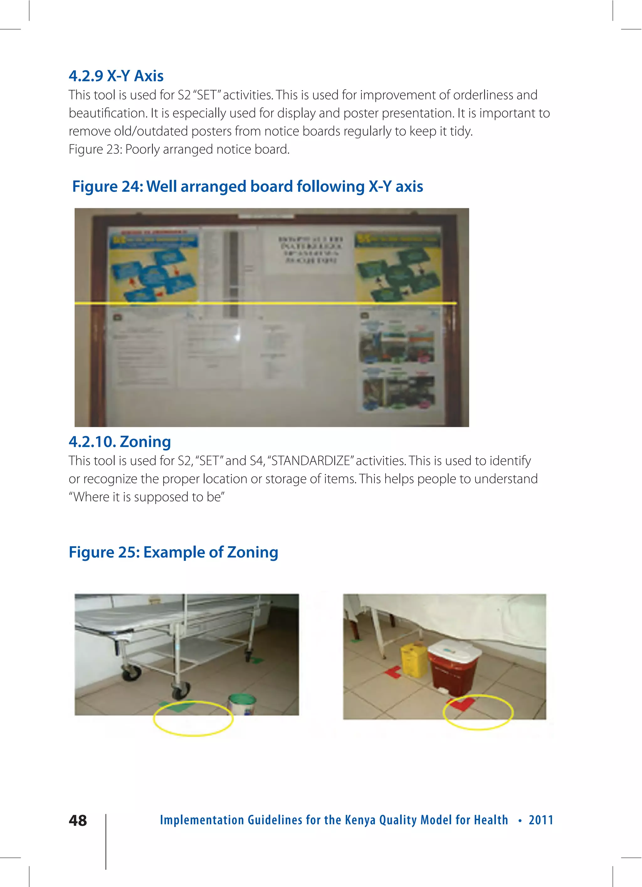 4.2.9 X-Y Axis
This tool is used for S2 “SET” activities. This is used for improvement of orderliness and
beautification. It is especially used for display and poster presentation. It is important to
remove old/outdated posters from notice boards regularly to keep it tidy.
Figure 23: Poorly arranged notice board.

Figure 24: Well arranged board following X-Y axis




4.2.10. Zoning
This tool is used for S2, “SET” and S4, “STANDARDIZE” activities. This is used to identify
or recognize the proper location or storage of items. This helps people to understand
“Where it is supposed to be”



Figure 25: Example of Zoning




48               Implementation Guidelines for the Kenya Quality Model for Health • 2011
 
