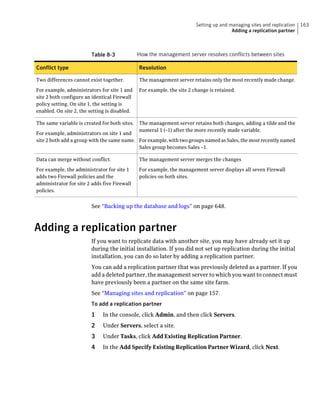 Setting up and managing sites and replication   163
                                                                                        Adding a replication partner



                         Table 8-3             How the management server resolves conflicts between sites

Conflict type                                  Resolution

Two differences cannot exist together.         The management server retains only the most recently made change.

For example, administrators for site 1 and     For example, the site 2 change is retained.
site 2 both configure an identical Firewall
policy setting. On site 1, the setting is
enabled. On site 2, the setting is disabled.

The same variable is created for both sites.   The management server retains both changes, adding a tilde and the
                                               numeral 1 (~1) after the more recently made variable.
For example, administrators on site 1 and
site 2 both add a group with the same name. For example, with two groups named as Sales, the most recently named
                                            Sales group becomes Sales ~1.

Data can merge without conflict.               The management server merges the changes

For example, the administrator for site 1      For example, the management server displays all seven Firewall
adds two Firewall policies and the             policies on both sites.
administrator for site 2 adds five Firewall
policies.


                         See “Backing up the database and logs” on page 648.



Adding a replication partner
                         If you want to replicate data with another site, you may have already set it up
                         during the initial installation. If you did not set up replication during the initial
                         installation, you can do so later by adding a replication partner.
                         You can add a replication partner that was previously deleted as a partner. If you
                         add a deleted partner, the management server to which you want to connect must
                         have previously been a partner on the same site farm.
                         See “Managing sites and replication” on page 157.
                         To add a replication partner
                         1    In the console, click Admin, and then click Servers.
                         2    Under Servers, select a site.
                         3    Under Tasks, click Add Existing Replication Partner.
                         4    In the Add Specify Existing Replication Partner Wizard, click Next.
 