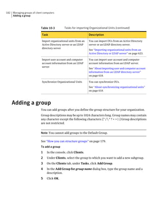 182   Managing groups of client computers
      Adding a group



                             Table 10-3         Tasks for importing Organizational Units (continued)

                              Task                                  Description

                              Import organizational units from an   You can import OUs from an Active Directory
                              Active Directory server or an LDAP    server or an LDAP directory server.
                              directory server
                                                                    See “Importing organizational units from an
                                                                    Active Directory or LDAP server” on page 623.

                              Import user account and computer      You can import user account and computer
                              account information from an LDAP      account information from an LDAP server.
                              server
                                                                    See “About importing user and computer account
                                                                    information from an LDAP directory server”
                                                                    on page 618.

                              Synchronize Organizational Units      You can synchronize OUs.

                                                                    See “About synchronizing organizational units”
                                                                    on page 618.




      Adding a group
                             You can add groups after you define the group structure for your organization.
                             Group descriptions may be up to 1024 characters long. Group names may contain
                             any character except the following characters: [” /  * ? < > | :] Group descriptions
                             are not restricted.


                             Note: You cannot add groups to the Default Group.

                             See “How you can structure groups” on page 179.
                             To add a group
                             1    In the console, click Clients.
                             2    Under Clients, select the group to which you want to add a new subgroup.
                             3    On the Clients tab, under Tasks, click Add Group.
                             4    In the Add Group for group name dialog box, type the group name and a
                                  description.
                             5    Click OK.
 