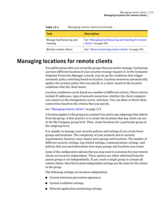 Managing remote clients    215
                                                           Managing locations for remote clients



           Table 12-1        Managing remote clients (continued)

           Task                            Description

           Manage load balancing and       See “Managing load balancing and roaming for remote
           roaming                         clients” on page 229.

           Monitor remote clients          See “About monitoring remote clients” on page 230.




Managing locations for remote clients
           You add locations after you set up the groups that you need to manage. Each group
           can have different locations if your security strategy requires it. In the Symantec
           Endpoint Protection Manager console, you set up the conditions that trigger
           automatic policy switching based on location. Location awareness automatically
           applies the security policy that you specify to a client, based on the location
           conditions that the client meets.
           Location conditions can be based on a number of different criteria. These criteria
           include IP addresses, type of network connection, whether the client computer
           can connect to the management server, and more. You can allow or block client
           connections based on the criteria that you specify.
           See “Managing remote clients” on page 213.
           A location applies to the group you created it for and to any subgroups that inherit
           from the group. A best practice is to create the locations that any client can use
           at the My Company group level. Then, create locations for a particular group at
           the subgroup level.
           It is simpler to manage your security policies and settings if you create fewer
           groups and locations. The complexity of your network and its security
           requirements, however, may require more groups and locations. The number of
           different security settings, log-related settings, communications settings, and
           policies that you need determines how many groups and locations you create.
           Some of the configuration options that you may want to customize for your remote
           clients are location-independent. These options are either inherited from the
           parent group or set independently. If you create a single group to contain all
           remote clients, then the location-independent settings are the same for the clients
           in the group.
           The following settings are location-independent:
           ■   Custom intrusion prevention signatures
           ■   System Lockdown settings
           ■   Network application monitoring settings
 
